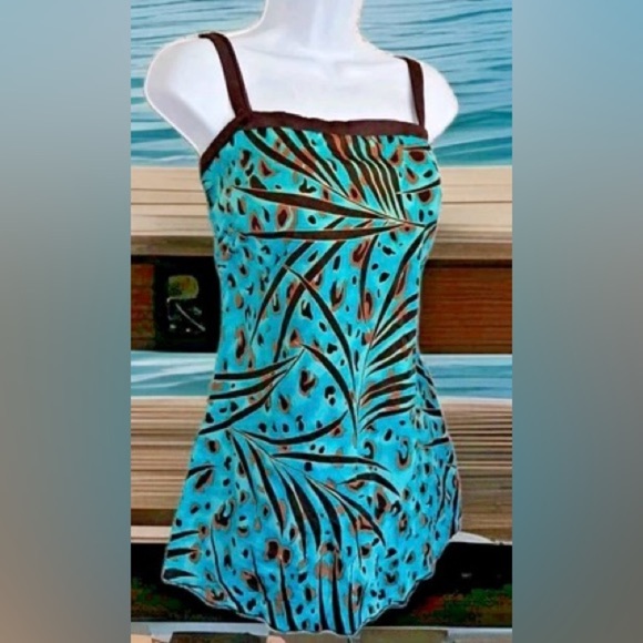 Vintage Catalina Tropical Blue and Brown Sundress swimsuit Size 14 - Picture 6 of 7